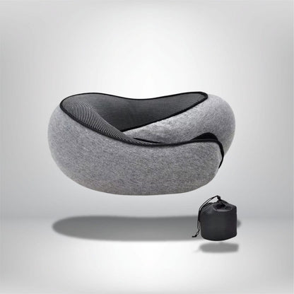Coussin de voyage en tissu gris, forme ergonomique, avec un design noir et une housse de rangement pratique