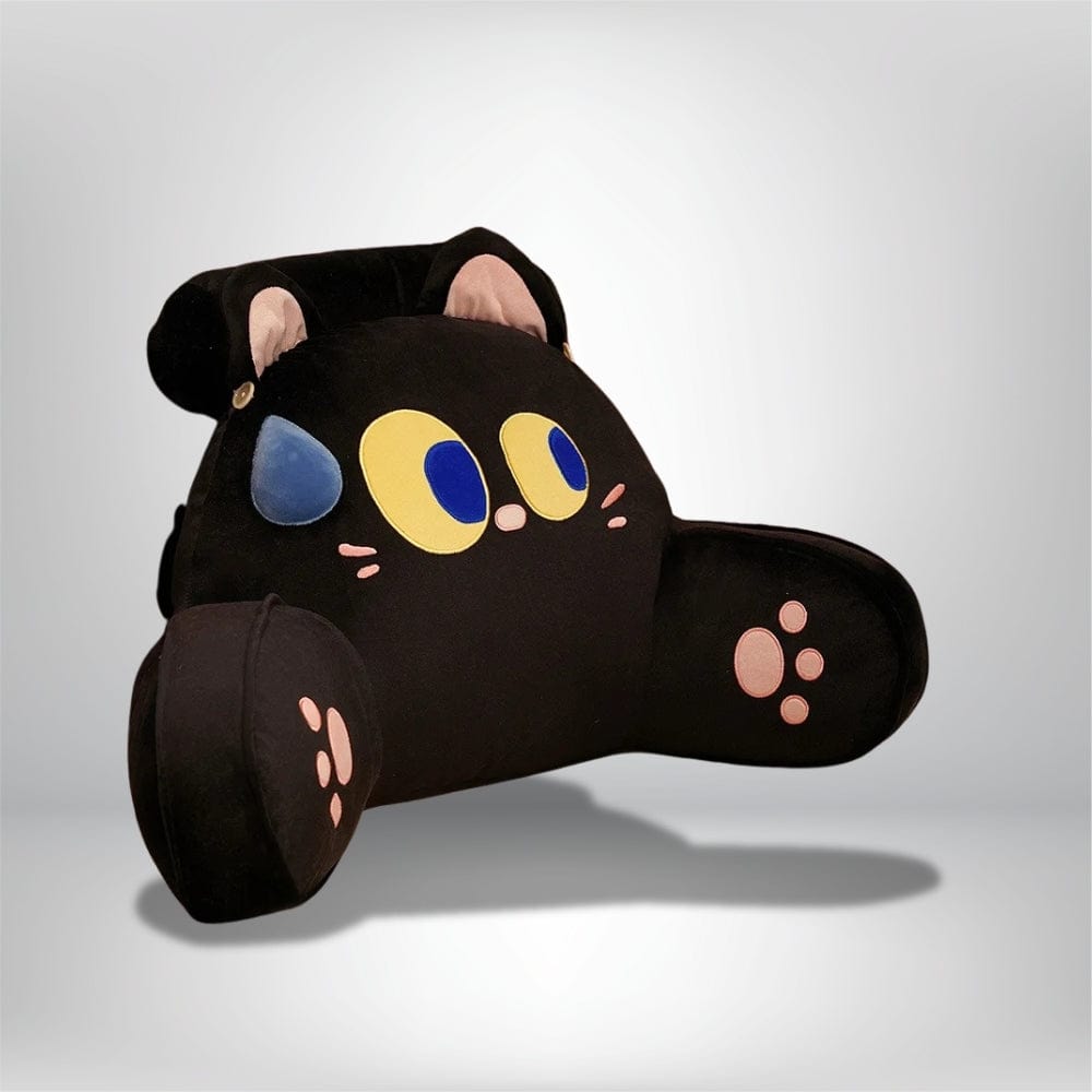 Coussin de lecture noir en velours avec motifs de chat, idéal pour un lit ou un coin lecture cosy