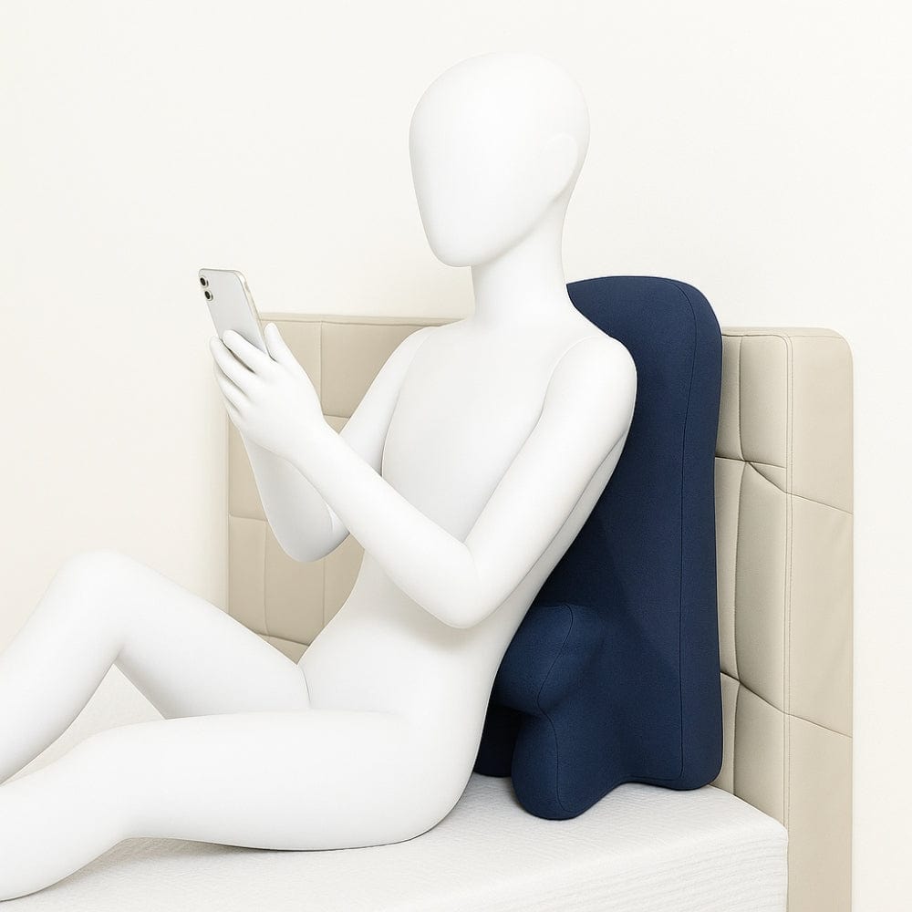 Coussin de lecture bleu foncé soutenant un mannequin sur un lit avec draps clairs et tête de lit beige