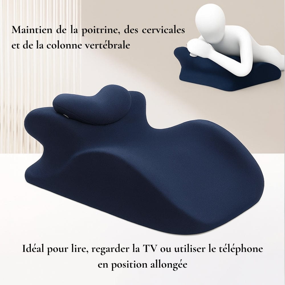 Coussin de lecture en mousse bleu foncé, conçu pour un confort optimal sur un lit ou un canapé