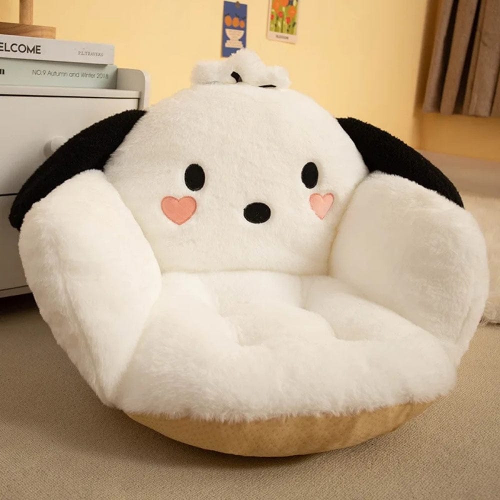 Coussin décoratif en peluche blanche avec oreilles noires, forme ergonomique, idéal pour un salon ou une chambre