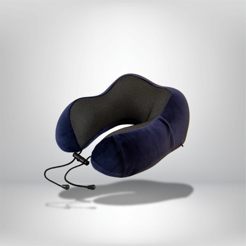 Coussin de nuque en velours bleu marine, idéal pour le voyage, avec un design ergonomique et confortable