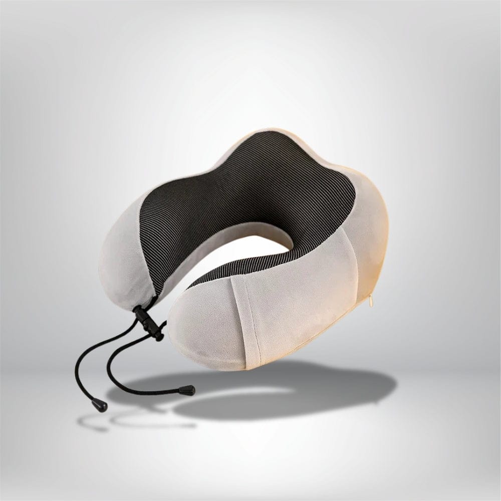 Coussin de nuque en velours gris avec intérieur noir, idéal pour un confort optimal lors des voyages