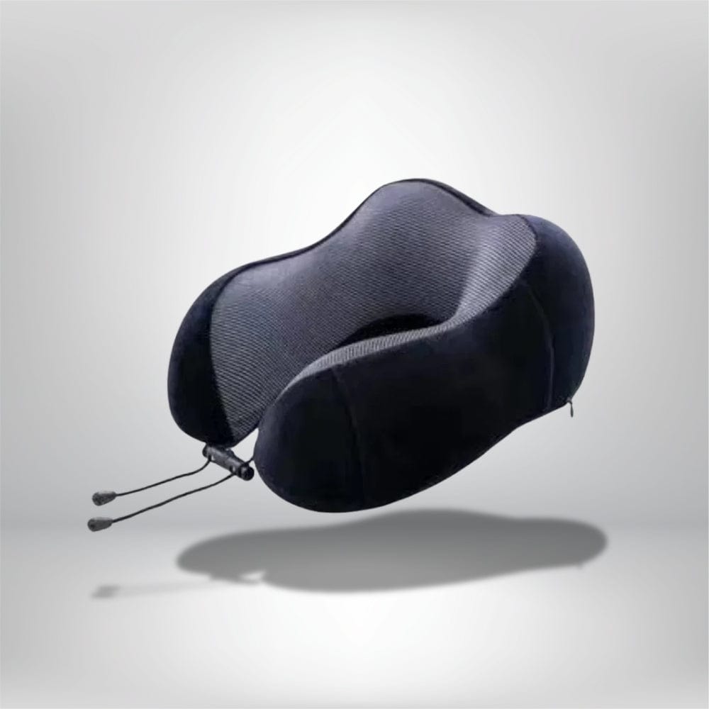 Coussin de nuque noir en velours, design ergonomique, idéal pour le voyage, posé sur fond gris