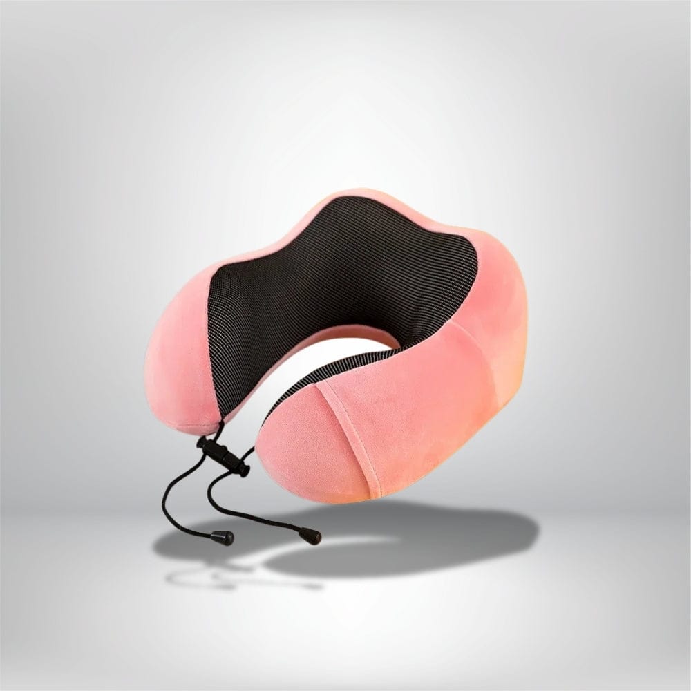 Coussin de nuque en velours rose avec intérieur noir, idéal pour un voyage confortable