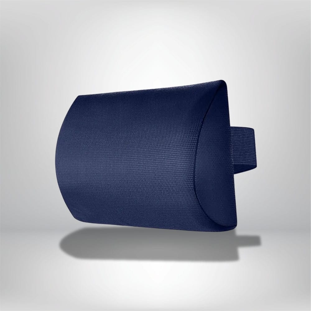 Coussin de tête en tissu texturé bleu marine, posé sur un fond neutre, idéal pour un confort optimal