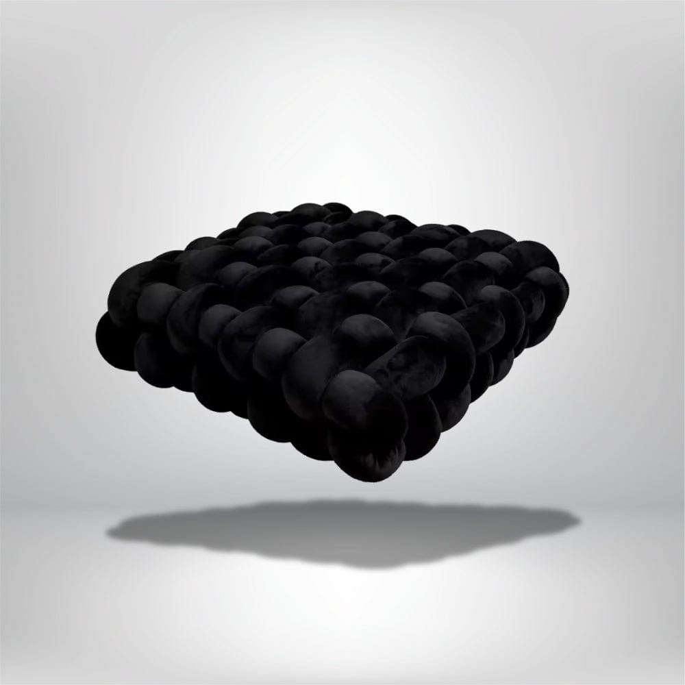 Coussin décoratif noir en velours, design moderne, posé sur un fond neutre, idéal pour un canapé ou un salon
