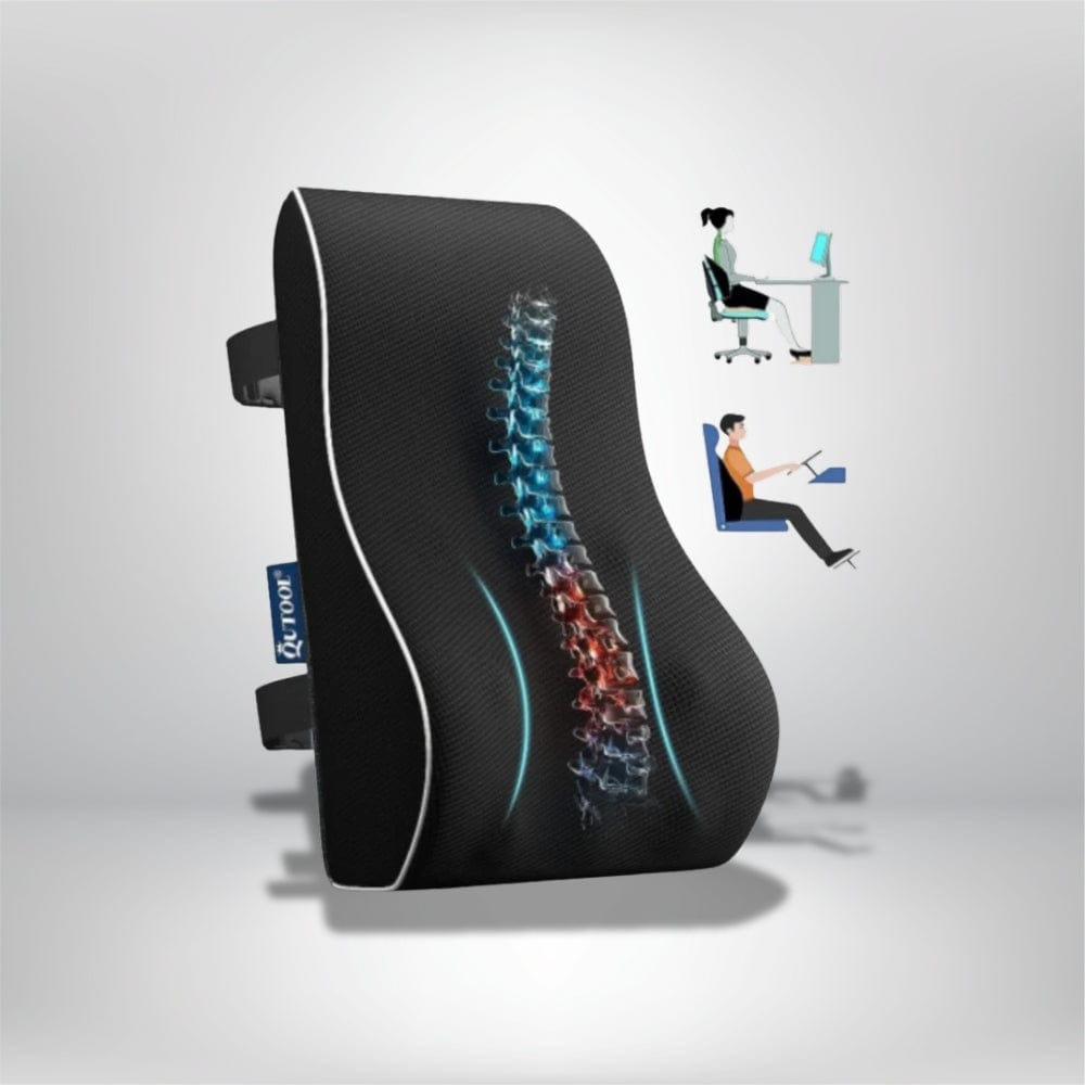 Coussin ergonomique lombaire noir avec motif de colonne vertébrale, idéal pour un confort optimal au bureau