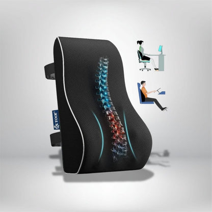 Coussin ergonomique lombaire noir avec motif de colonne vertébrale, idéal pour un confort optimal au bureau