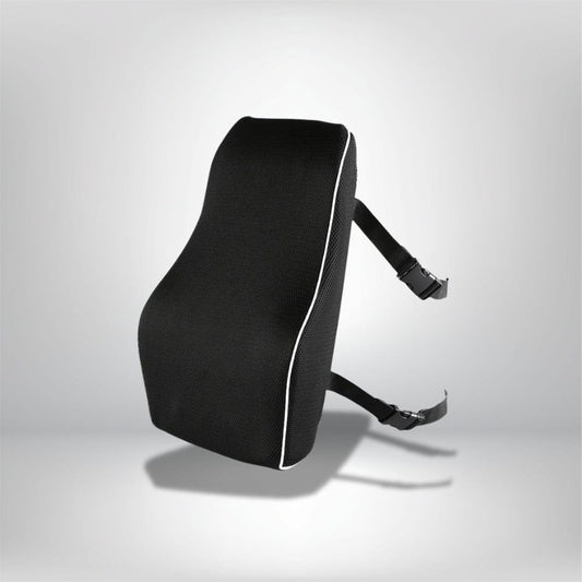 Coussin ergonomique lombaire noir avec texture en maille, idéal pour un soutien sur une chaise ou un canapé