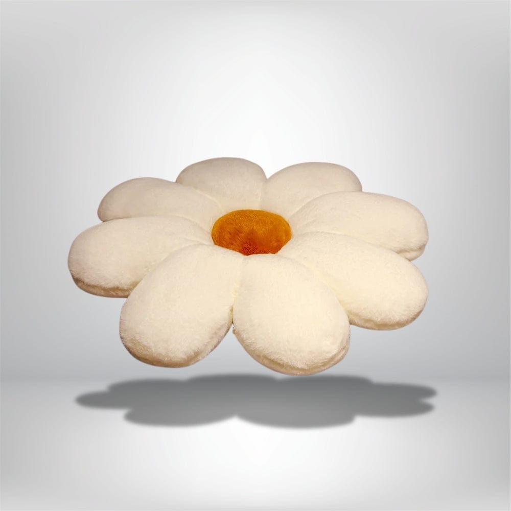 Coussin décoratif en forme de fleur blanche avec un cœur orange, idéal pour un canapé ou une chaise