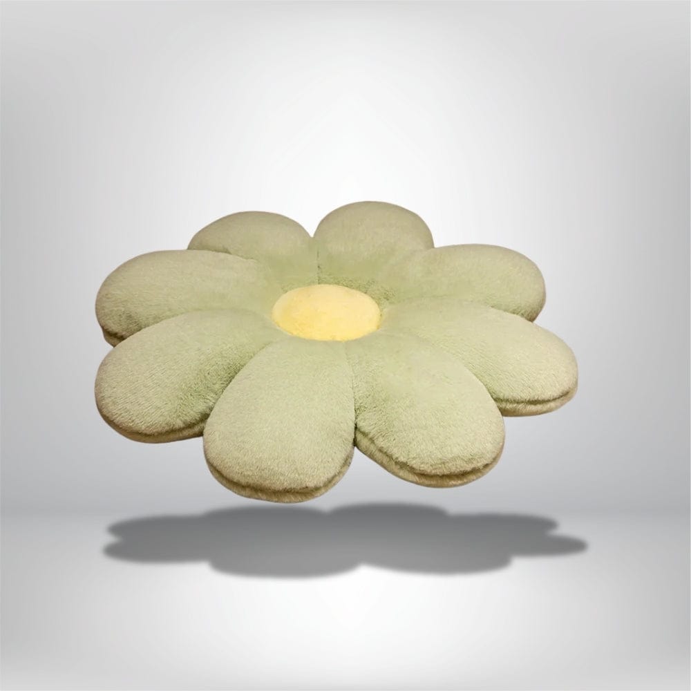 Coussin décoratif en forme de fleur, vert pastel avec un centre jaune, idéal pour un canapé ou une chaise