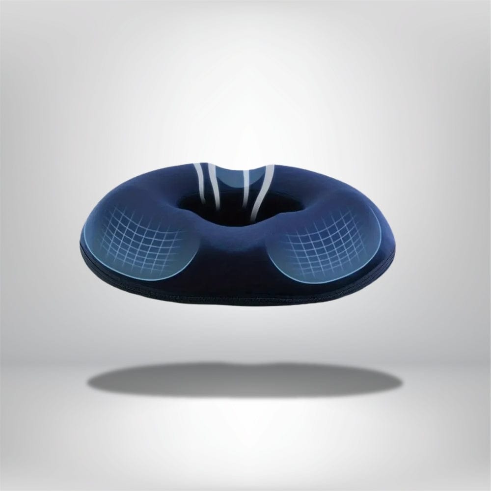 Coussin décoratif en forme de donut, couleur bleu foncé avec motifs en quadrillage, idéal pour un confort sur chaise