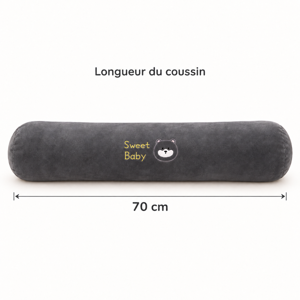 Coussin long en peluche gris avec une flèche indiquant sa longueur de 70 cm.