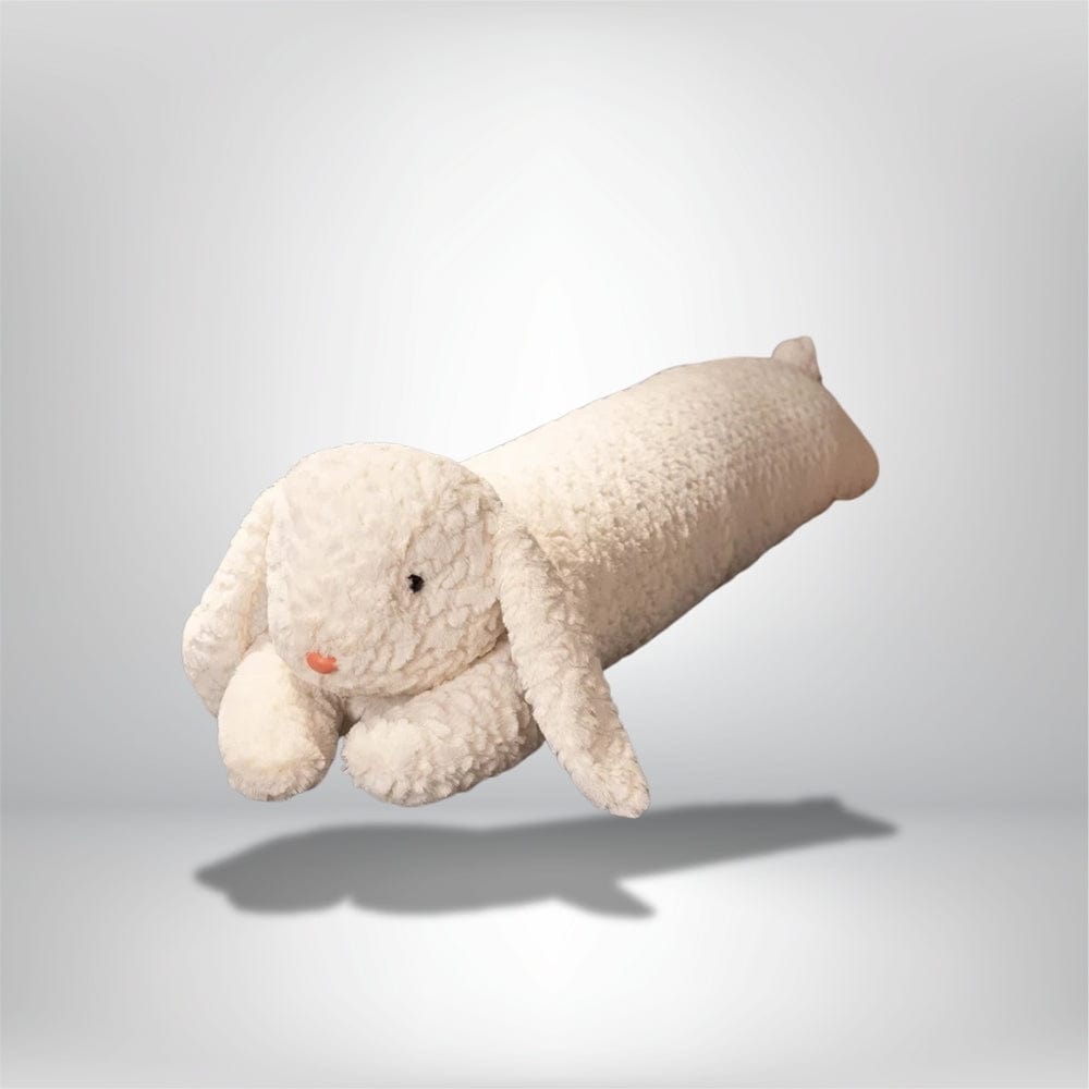 Coussin long en peluche blanc en forme de lapin, parfait pour décorer un lit ou un canapé