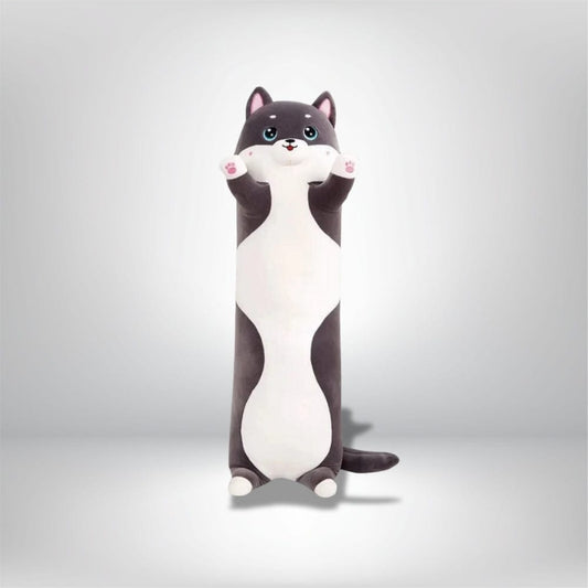 Coussin long en forme de chat noir et blanc, idéal pour décorer un lit ou un salon