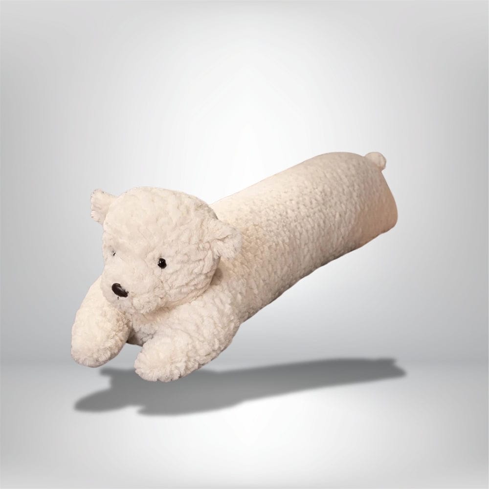 Coussin long en peluche blanc en forme d'ours, idéal pour décorer un canapé ou une chambre d'enfant
