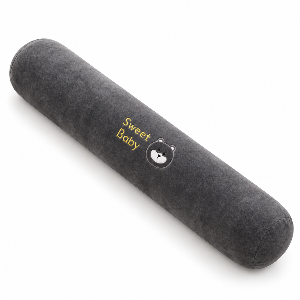Coussin long en peluche gris anthracite avec broderie Sweet Baby et motif animal, sur fond blanc.
