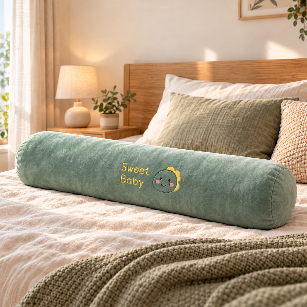 Coussin long en peluche vert sauge avec broderie Sweet Baby, posé sur un lit en lin crème.