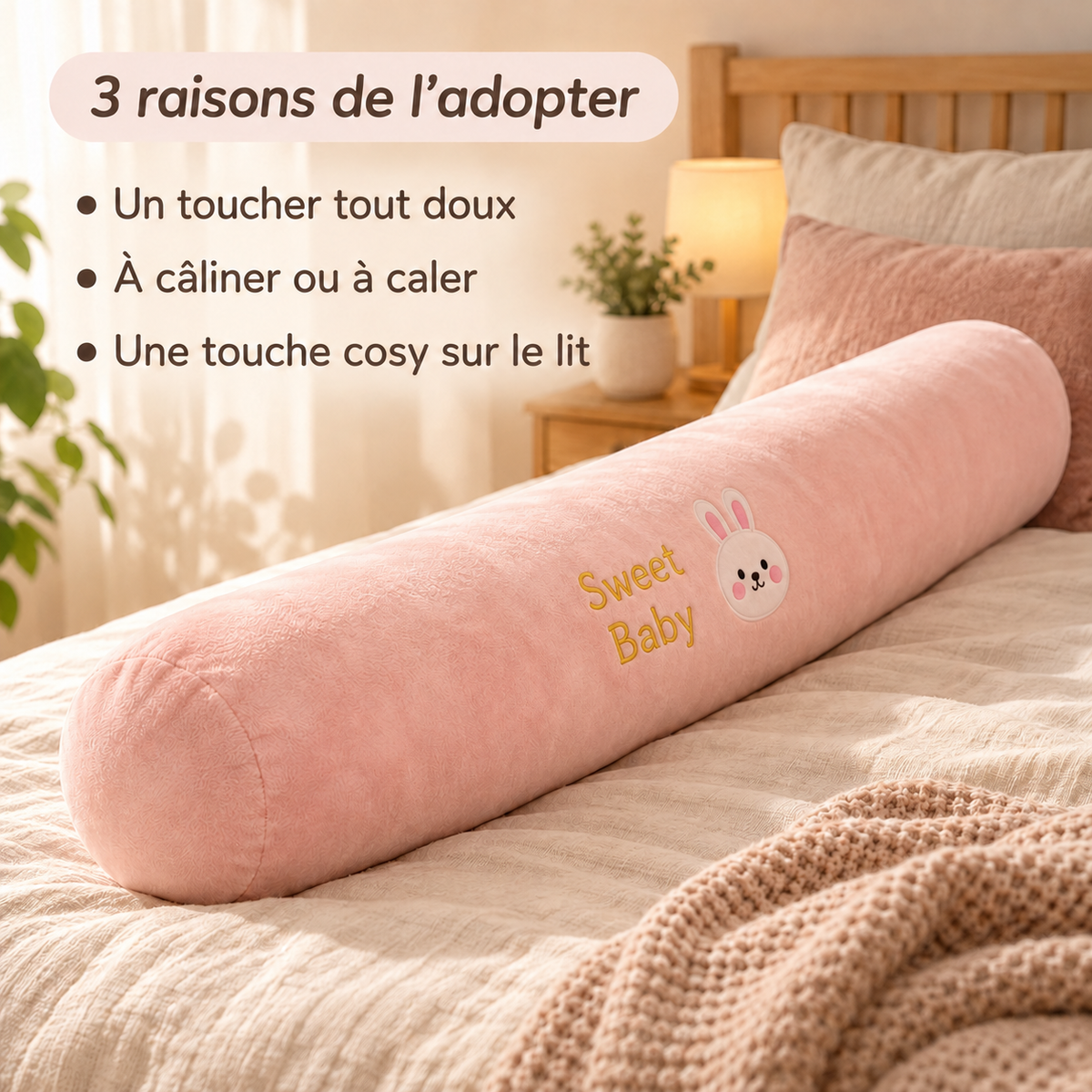Coussin long rose sur un lit, avec trois avantages : toucher doux, à câliner ou à caler, et touche cosy.