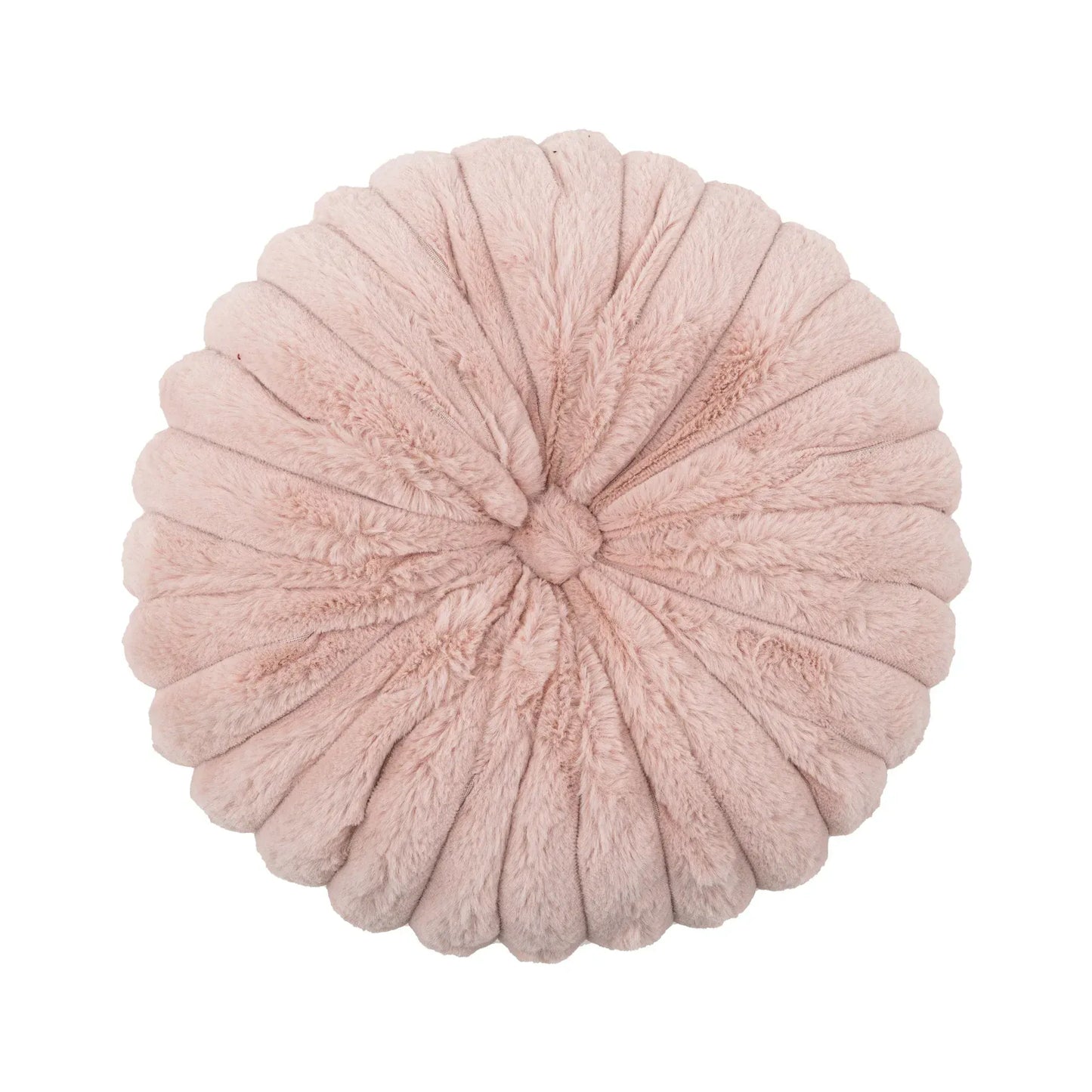 Coussin déco rond en velours rose, moelleux avec un motif plissé, idéal pour un canapé ou un lit