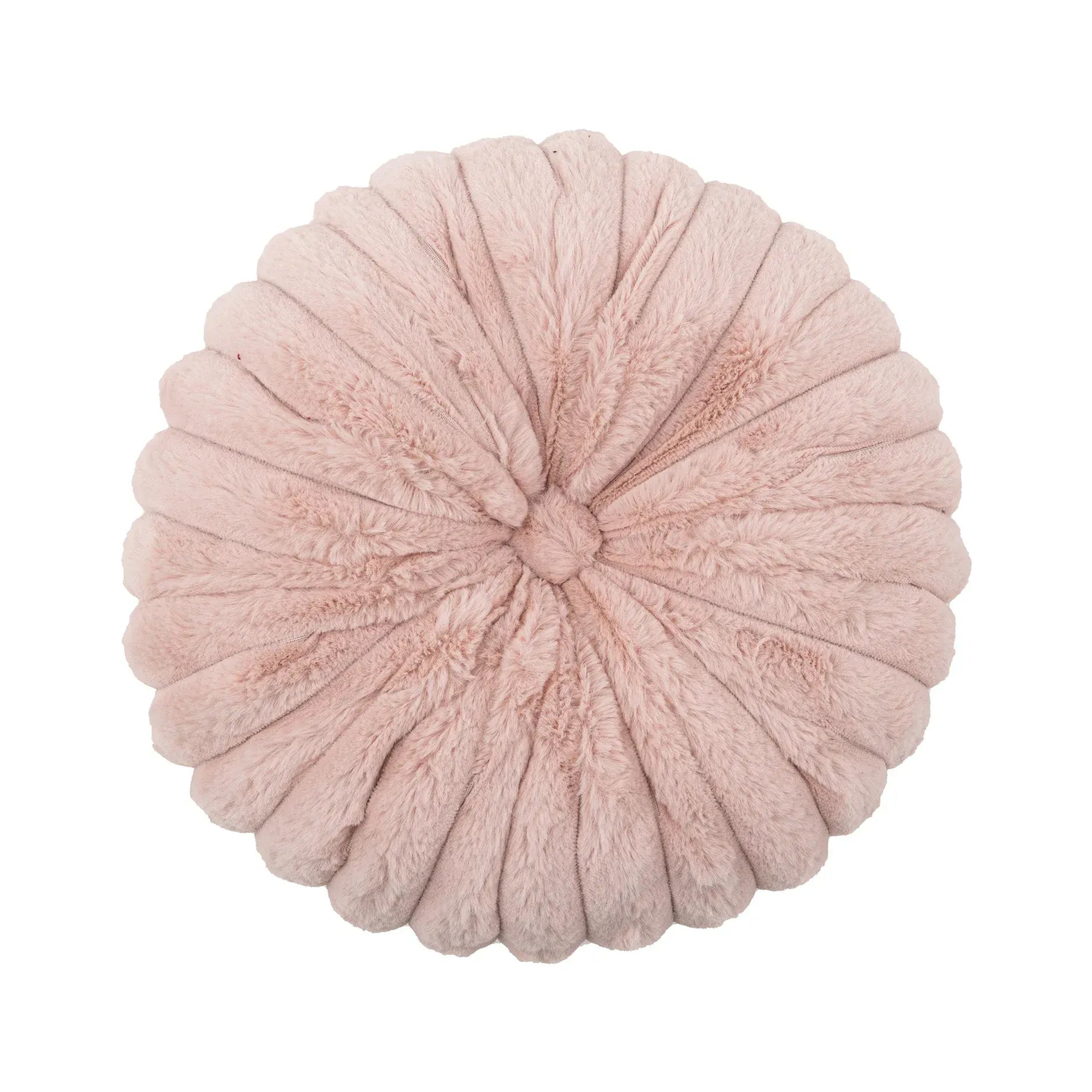 Coussin déco rond en velours rose, moelleux avec un motif plissé, idéal pour un canapé ou un lit