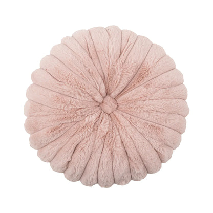 Coussin déco rond en velours rose, moelleux avec un motif plissé, idéal pour un canapé ou un lit