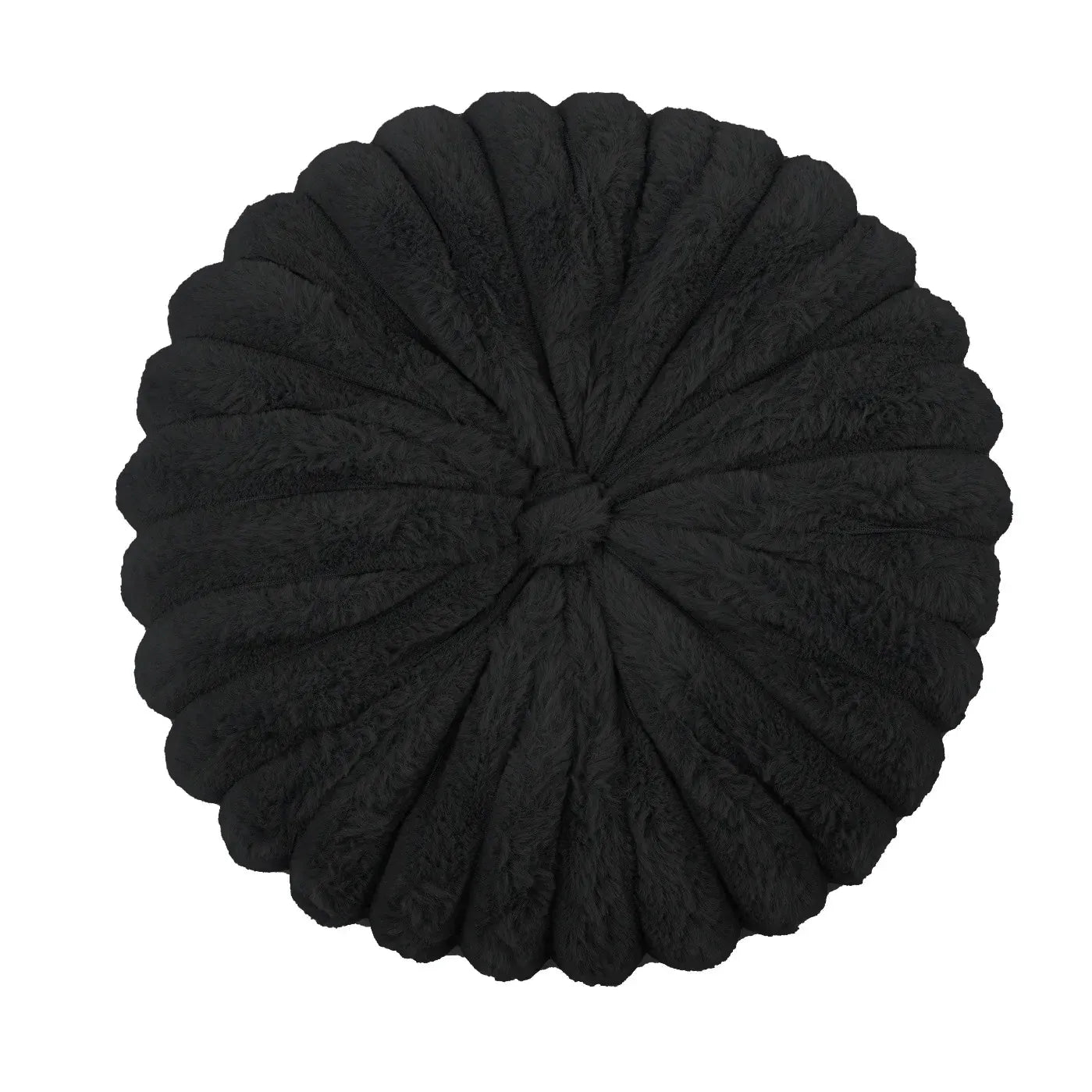 Coussin déco rond en velours noir, avec un motif plissé, idéal pour un canapé ou un lit
