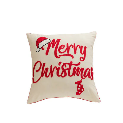 Coussin décoratif beige avec inscription rouge "Merry Christmas", motif de bonnet de Noël et chaussette, idéal pour le salon
