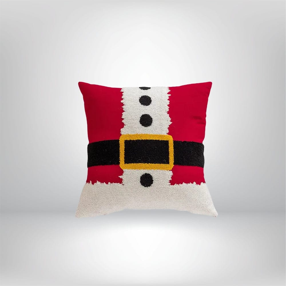 Coussin décoratif rouge avec motif de ceinture de père Noël, idéal pour un canapé ou un lit festif
