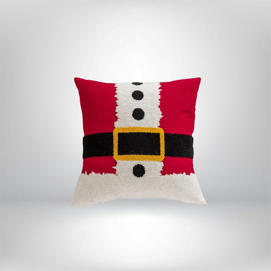 Coussin décoratif rouge avec motif de ceinture de père Noël, idéal pour un canapé ou un lit festif