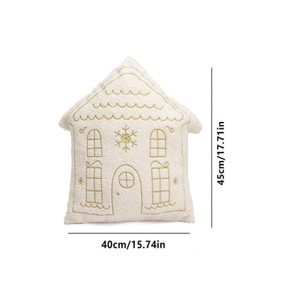 Coussin décoratif en forme de maison avec motifs dorés sur fond crème, idéal pour un salon chaleureux