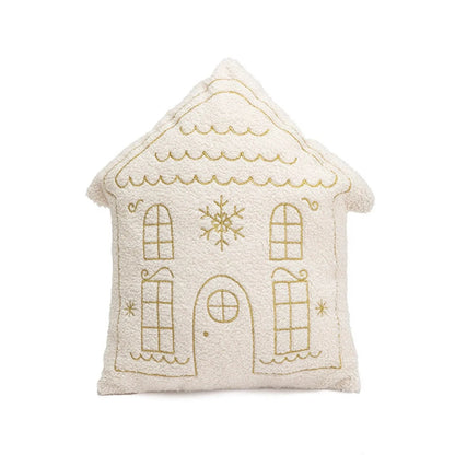 Coussin décoratif en forme de maison, couleur crème avec motifs dorés, parfait pour un canapé ou un lit