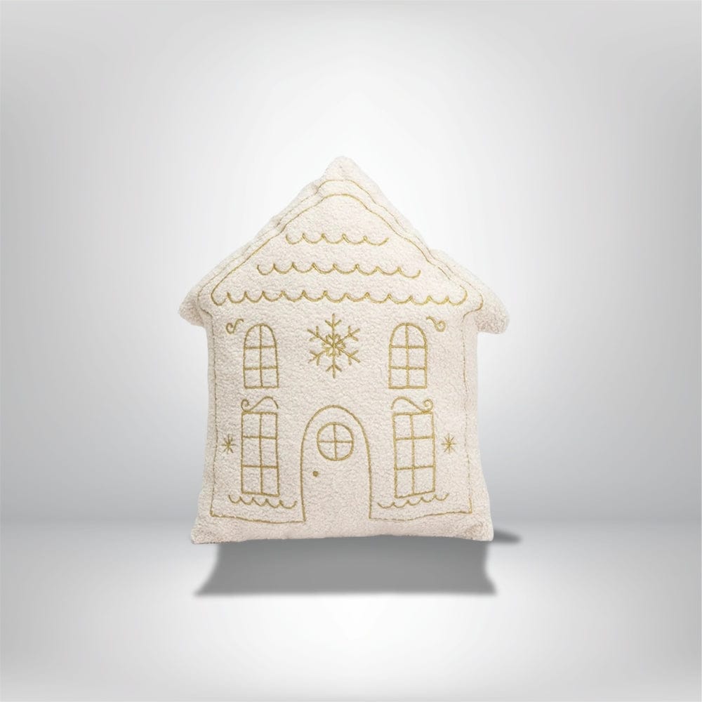 Coussin décoratif en forme de maison, couleur crème avec motifs dorés, parfait pour un canapé ou une chambre chaleureuse