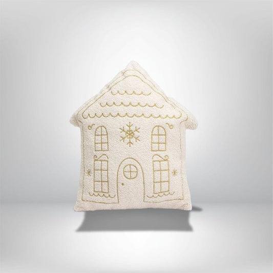 Coussin décoratif en forme de maison, couleur crème avec motifs dorés, parfait pour un canapé ou une chambre chaleureuse