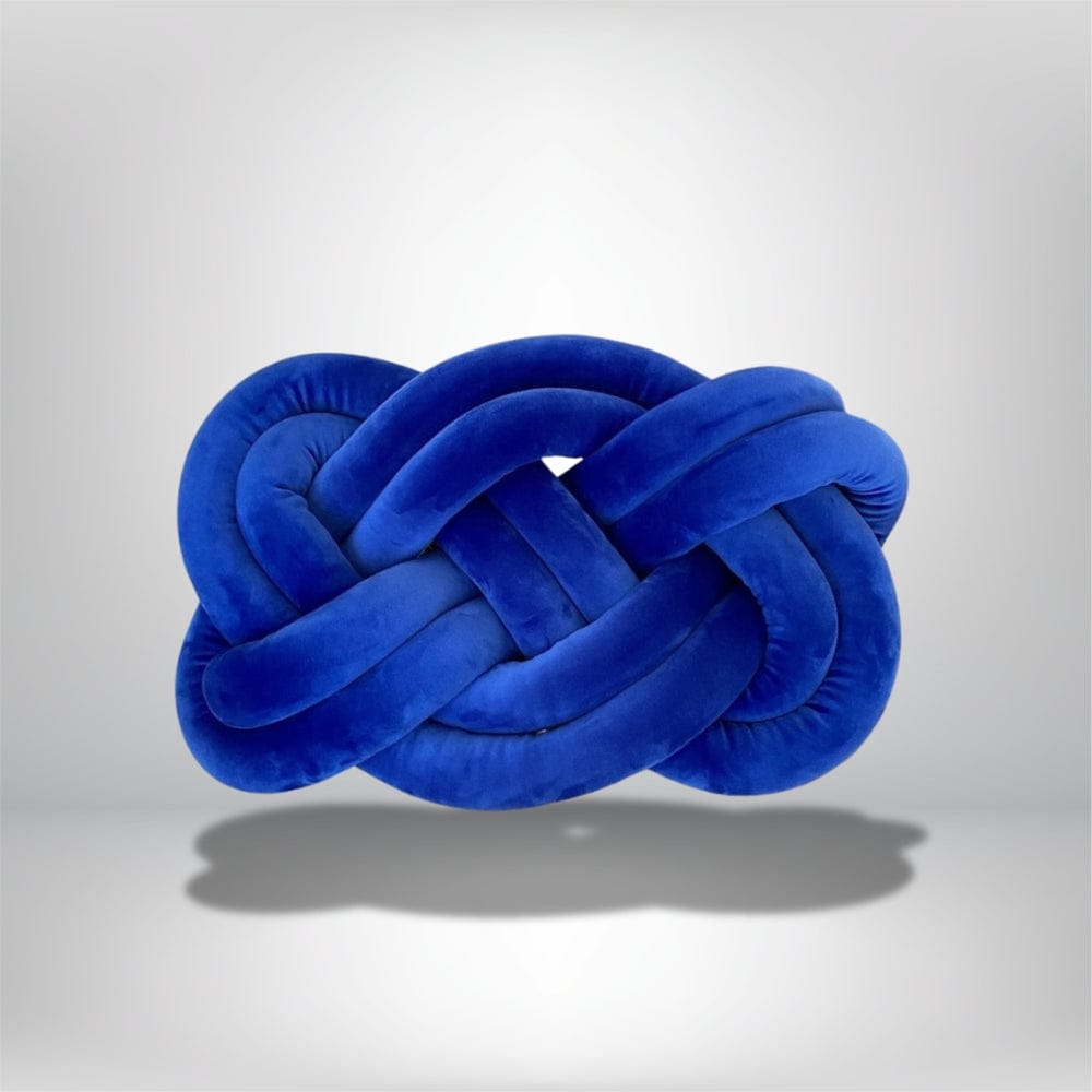 Coussin décoratif en velours bleu en forme de noeud, idéal pour un canapé ou une chaise moderne