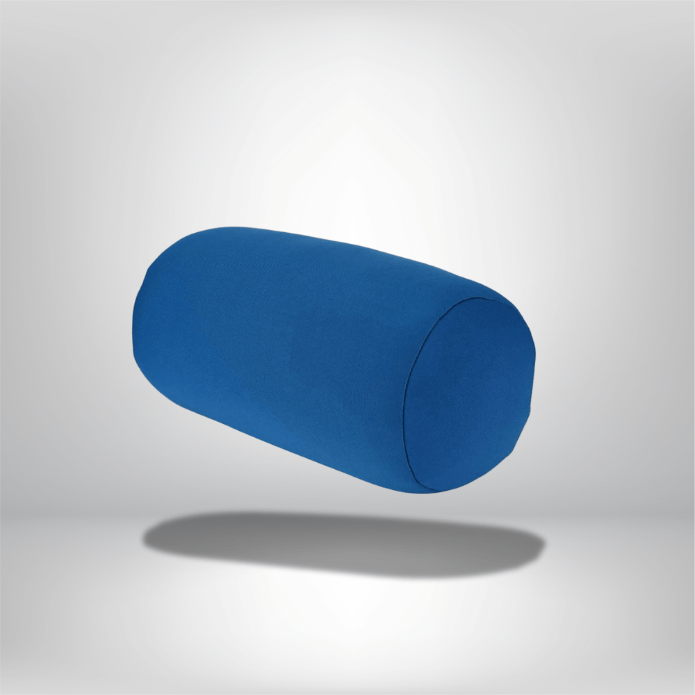 Coussin nuque cylindrique bleu uni sur fond neutre, idéal pour un canapé ou un lit