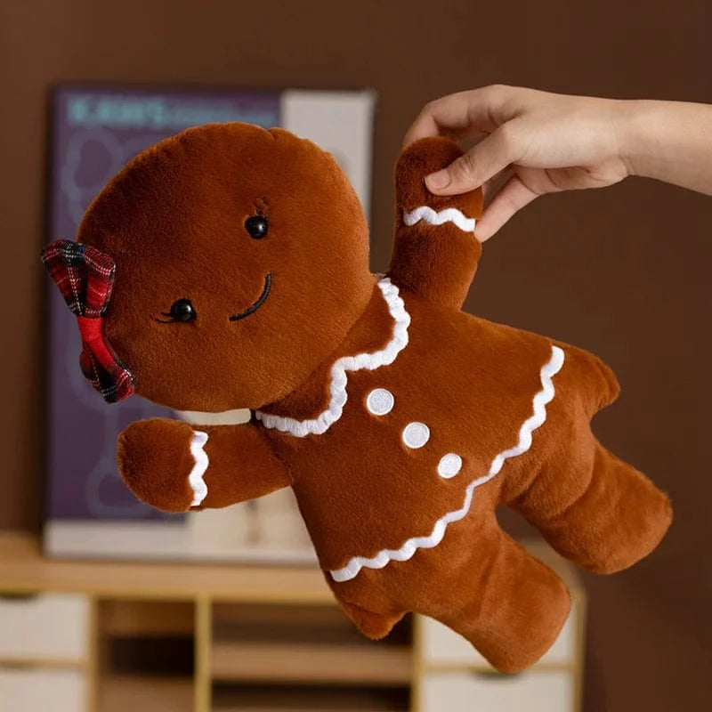 Coussin décoratif en forme de bonhomme en pain d'épices, doux et festif, idéal pour un salon chaleureux