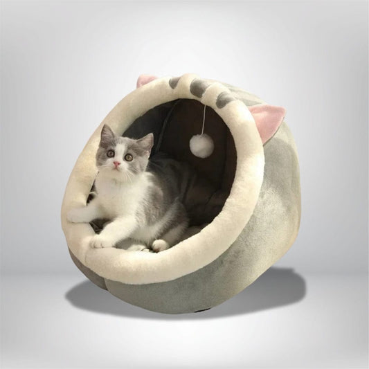 Coussin décoratif en forme de panier pour chat, en tissu gris doux avec des oreilles et un pompon