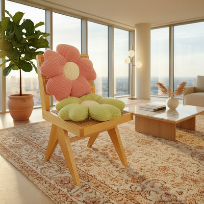 Coussins décoratifs en forme de fleurs, rose et vert, posés sur une chaise en bois dans un intérieur lumineux