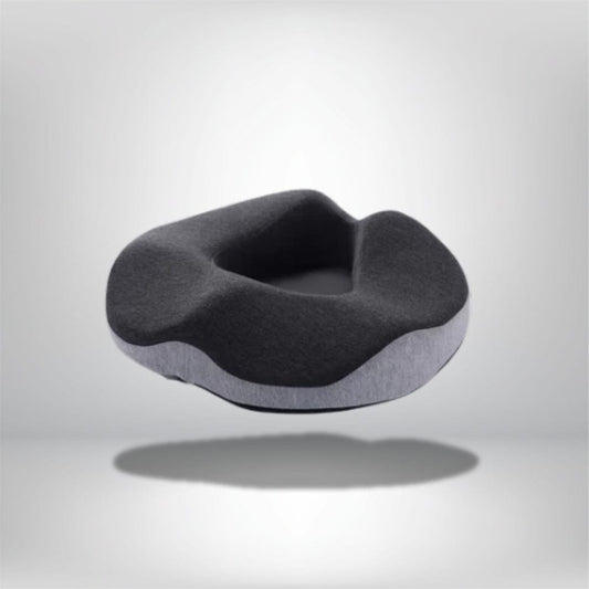 Coussin de forme originale en tissu noir et gris, idéal pour un confort optimal sur une chaise ou un canapé