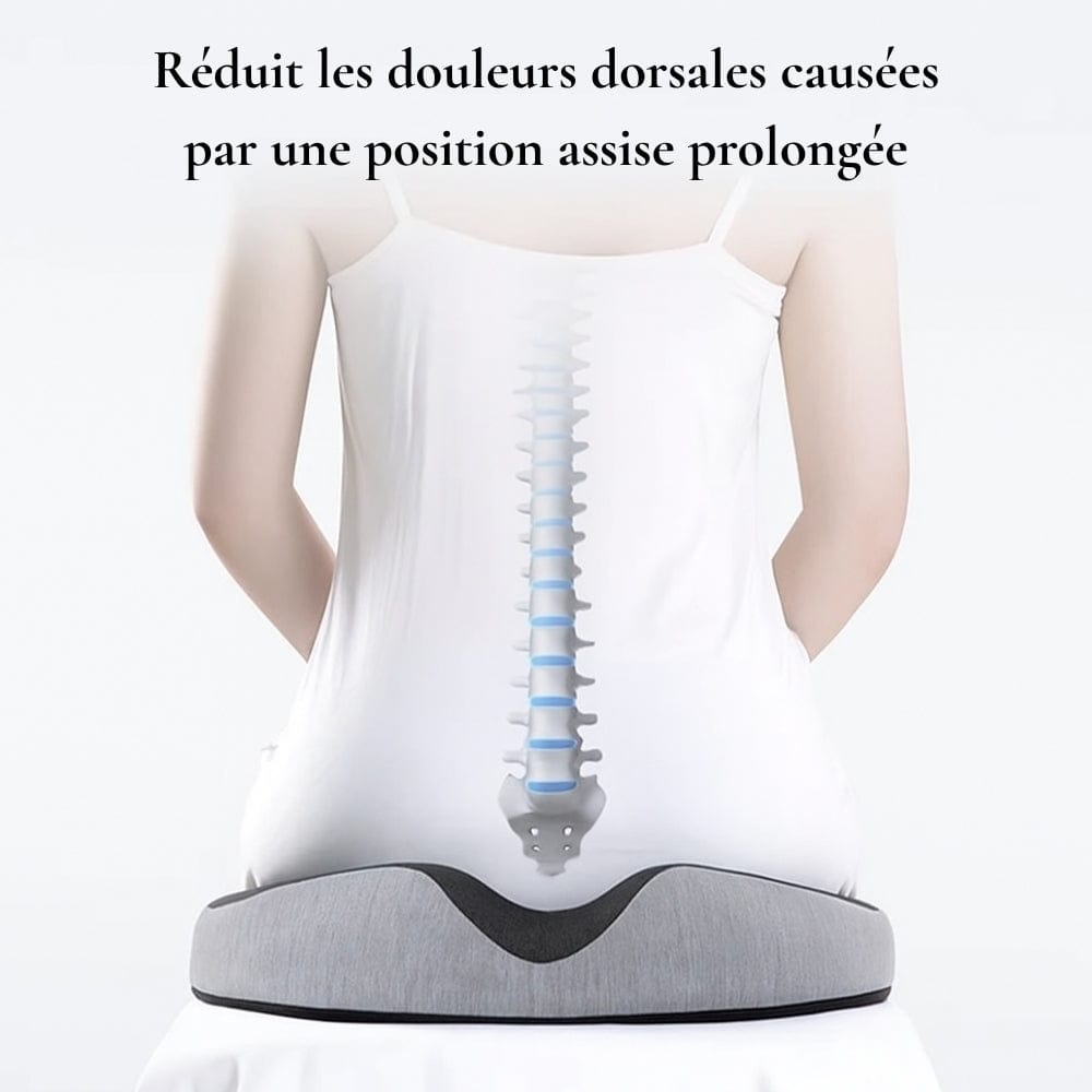 Coussin ergonomique gris sur une surface blanche, conçu pour un confort optimal en position assise prolongée