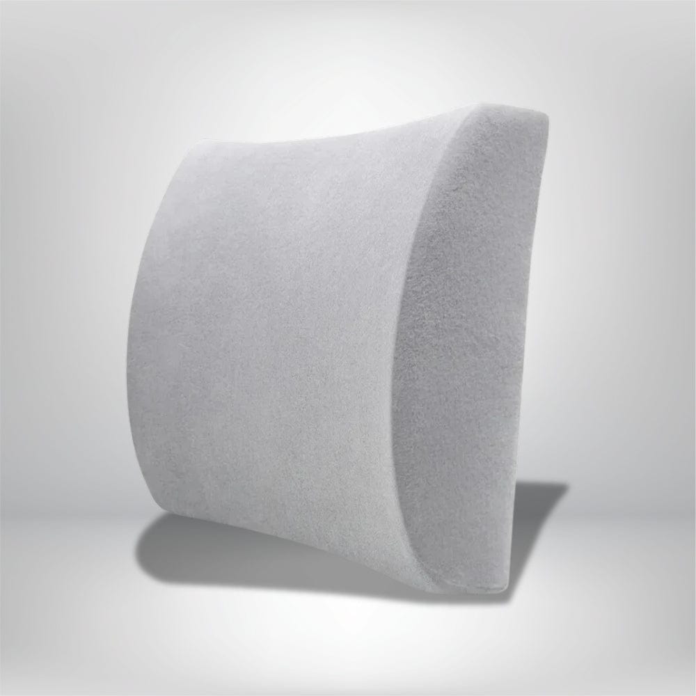 Coussin lombaire en velours gris, de forme courbée, posé sur un fond neutre, idéal pour un canapé ou une chaise