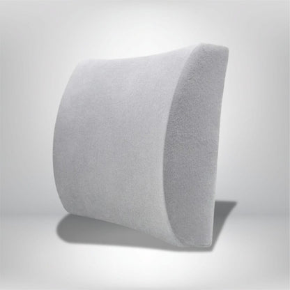 Coussin lombaire en velours gris, de forme courbée, posé sur un fond neutre, idéal pour un canapé ou une chaise