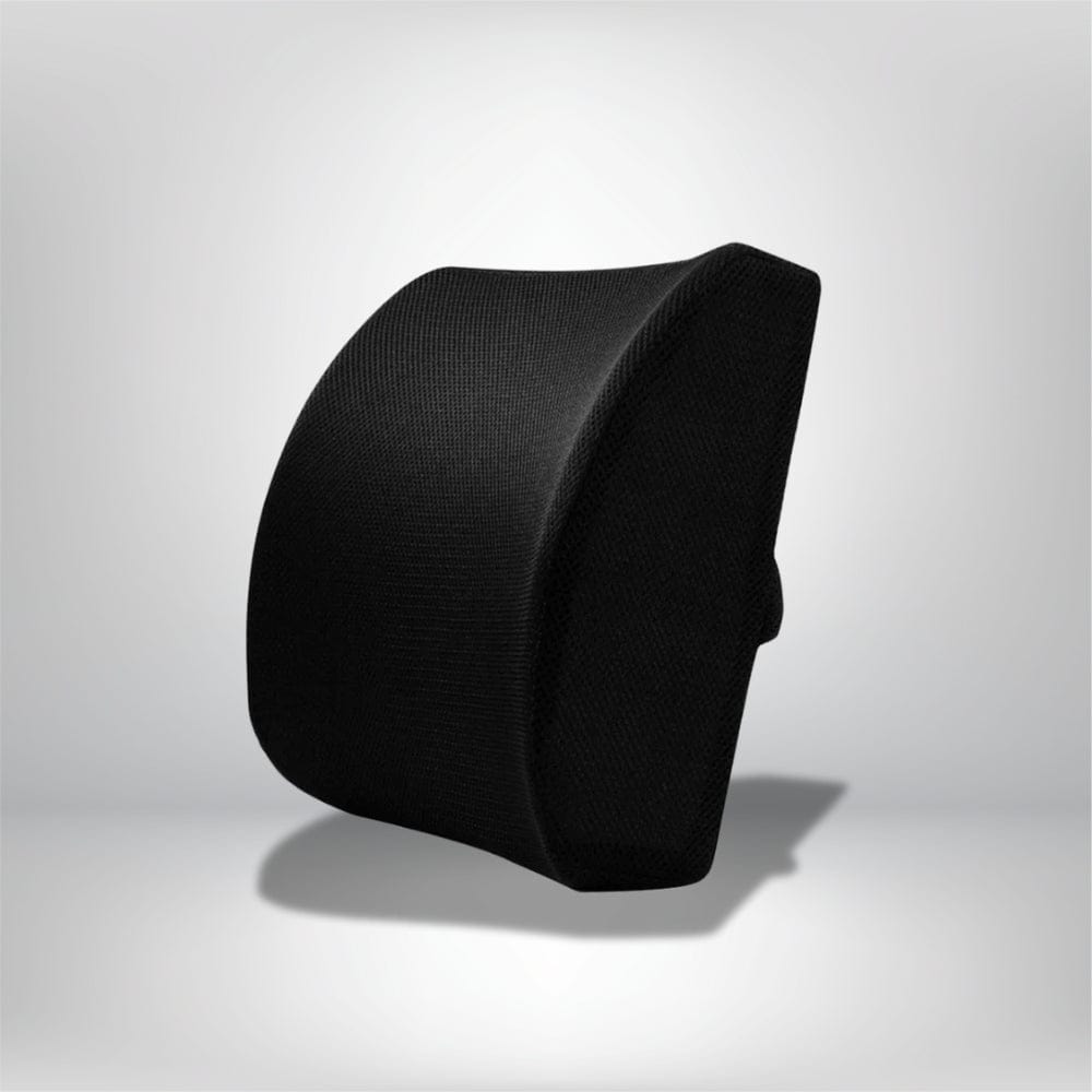 Coussin lombaire noir en tissu texturé, posé sur un fond clair, idéal pour un soutien dans un fauteuil ou un