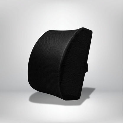 Coussin lombaire noir en tissu texturé, posé sur un fond clair, idéal pour un soutien dans un fauteuil ou un