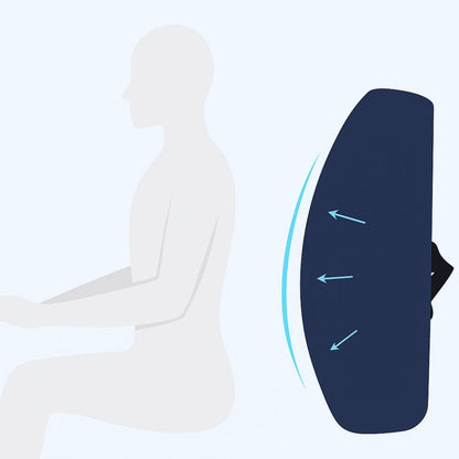 Coussin lombaire bleu foncé sur une chaise, offrant un soutien ergonomique pour le confort au bureau