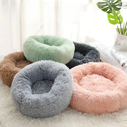 Coussins ronds en fausse fourrure, coloris pastel, disposés sur un tapis doux dans un intérieur cosy