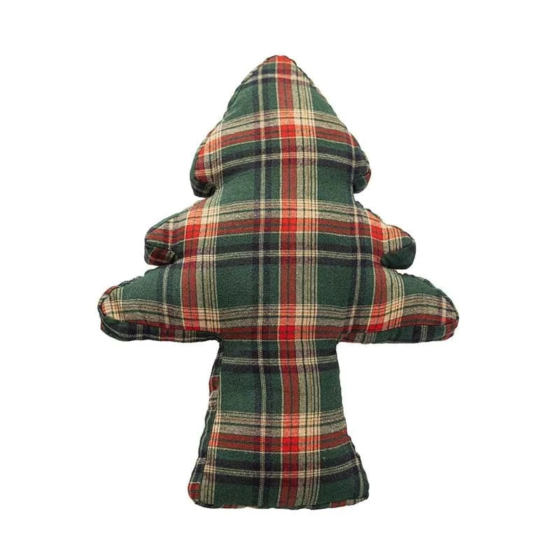 Coussin décoratif en tartan vert et rouge en forme d'arbre, parfait pour un salon cocooning durant Noël