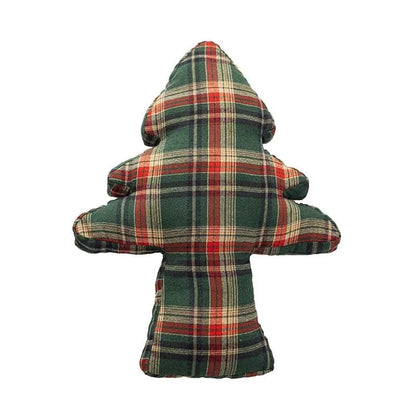 Coussin décoratif en tartan vert et rouge en forme d'arbre, parfait pour un salon cocooning durant Noël